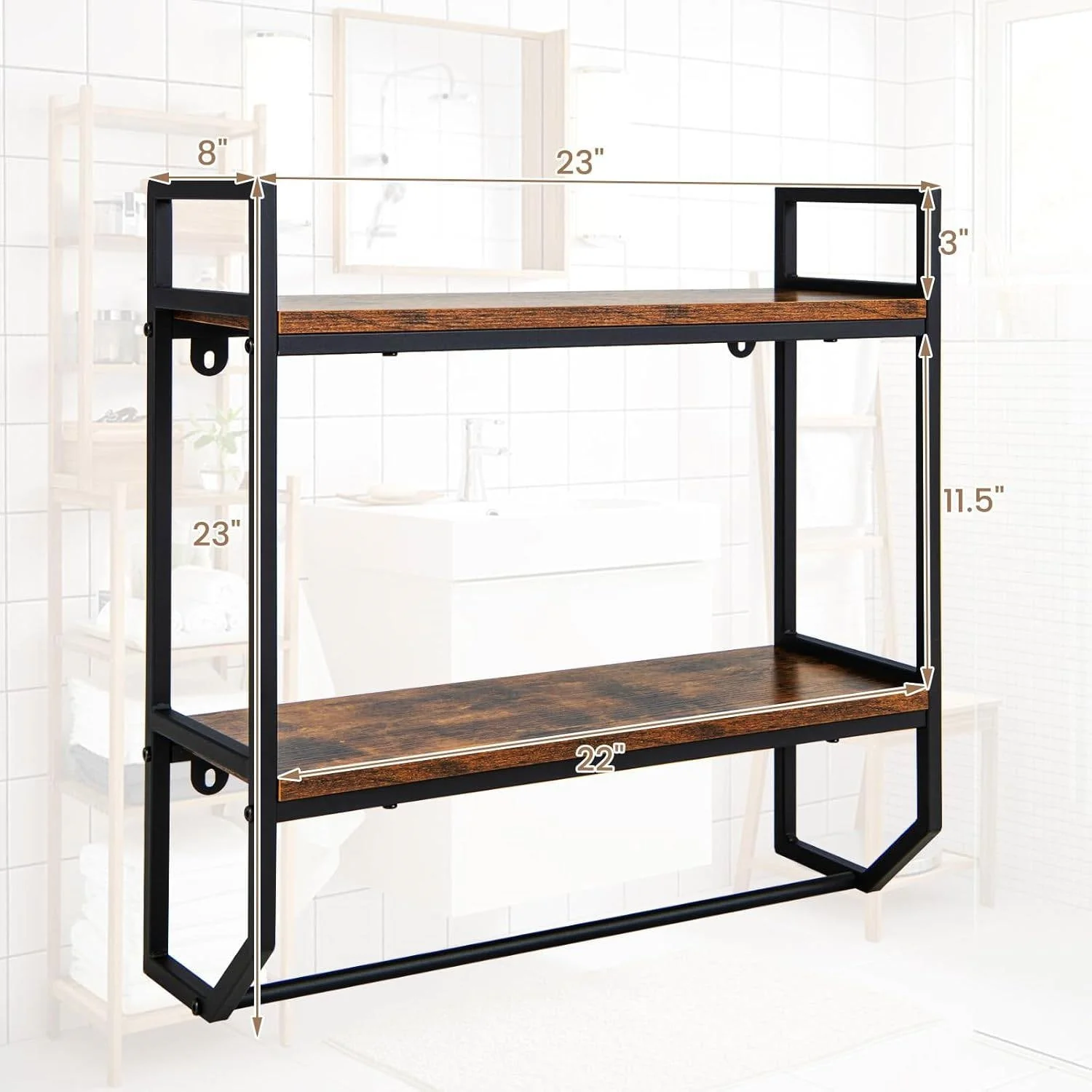 Wall Mounted Over Toilet 2-Shelf Bathroom Shelving Unit with Towel Bar - Image 5