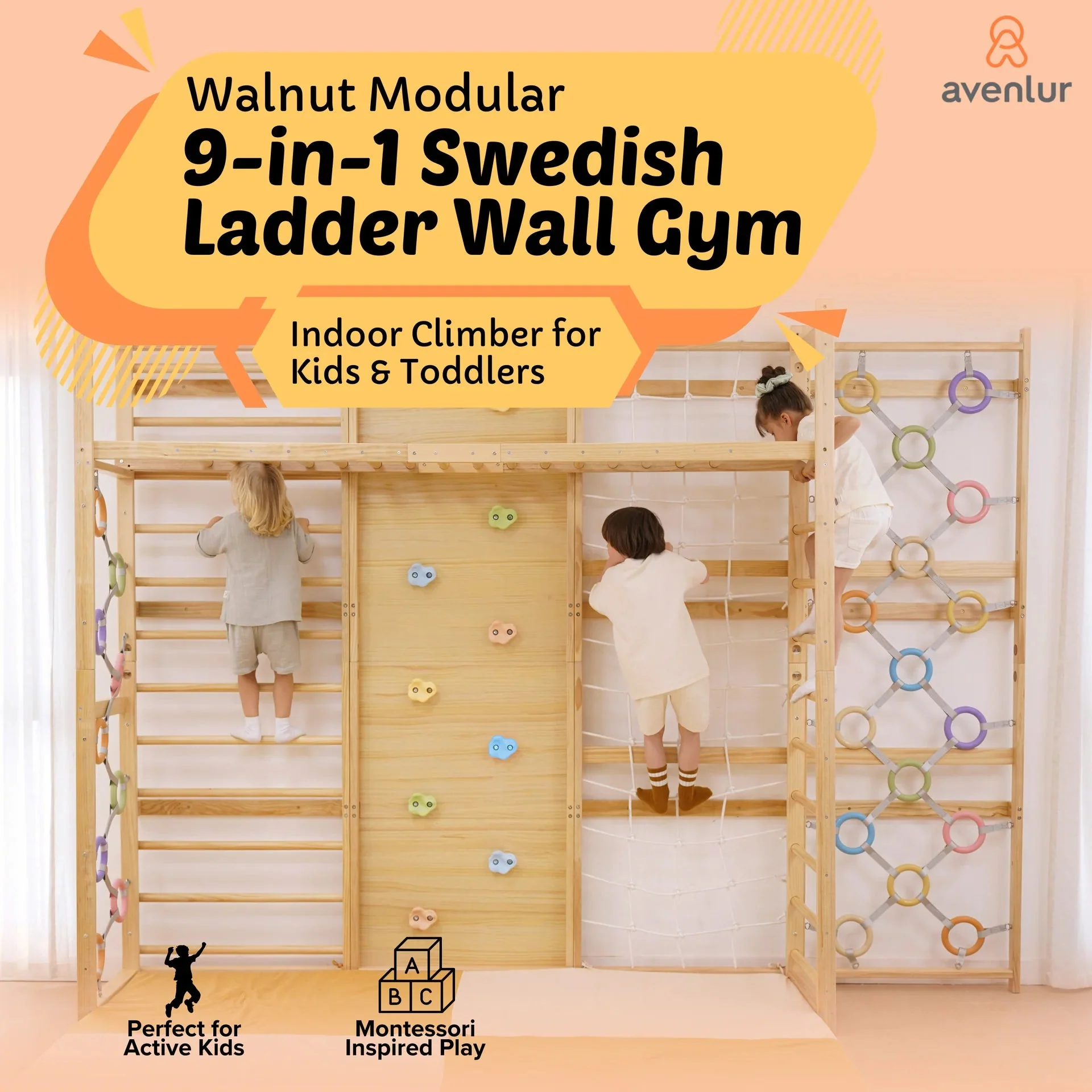 Walnut Modular | Swedish Ladder Jungle Gym - 79" Height - Wall Mounted - Image 3