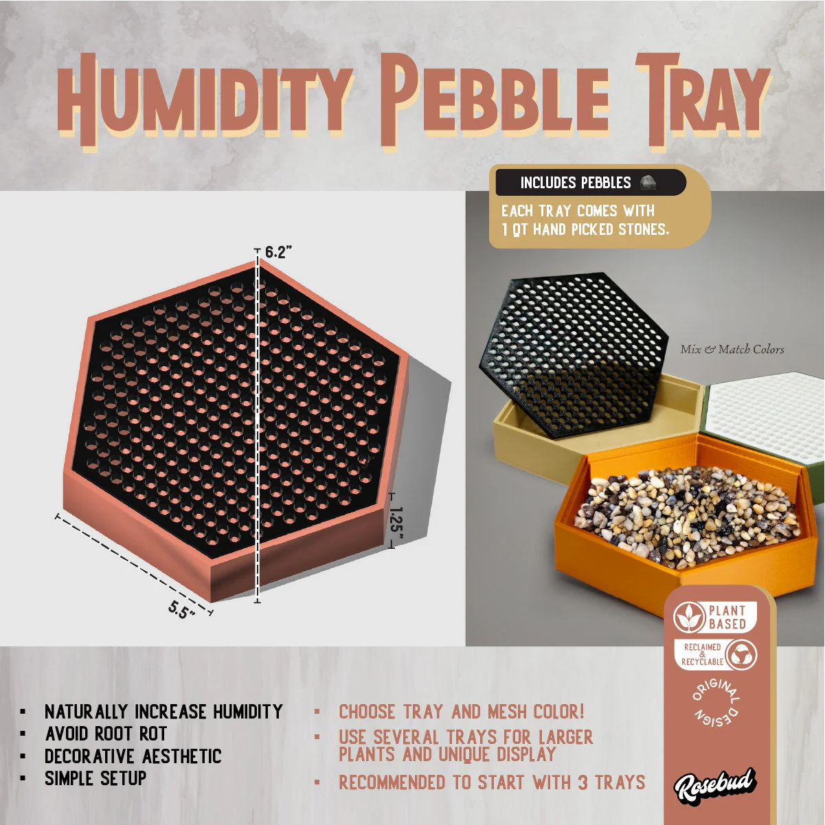 Water Humidity Tray for Houseplants, Includes Pebbles - Image 2