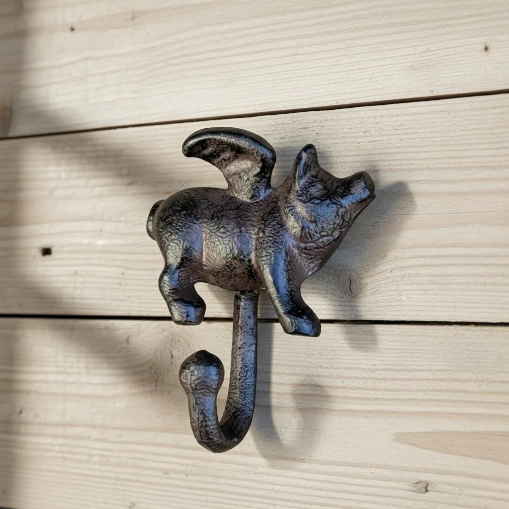 Flying Pig Wall Hook, Whimsical Cast Iron Farmhouse Decor