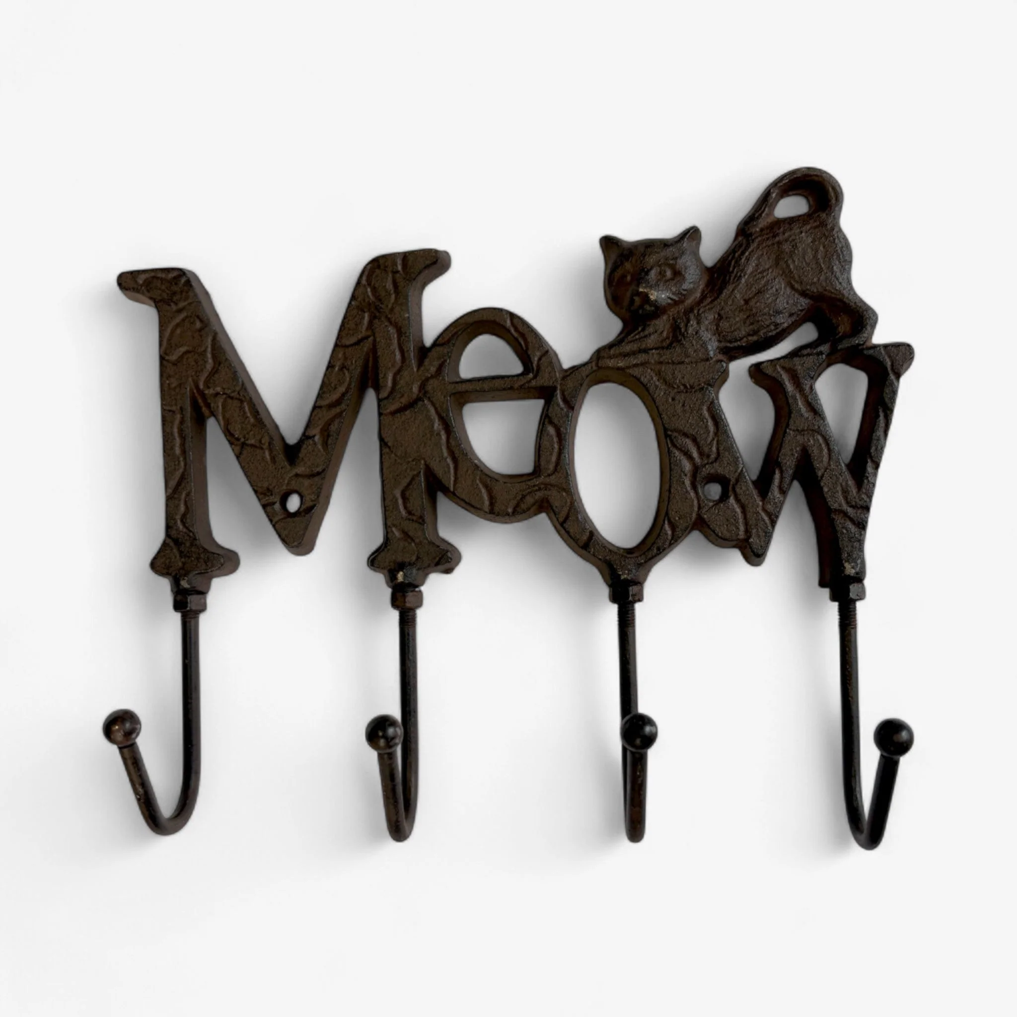 Whimsical Cast Iron Meow Cat Hook Rack, Rustic Wall Organizer - Image 2