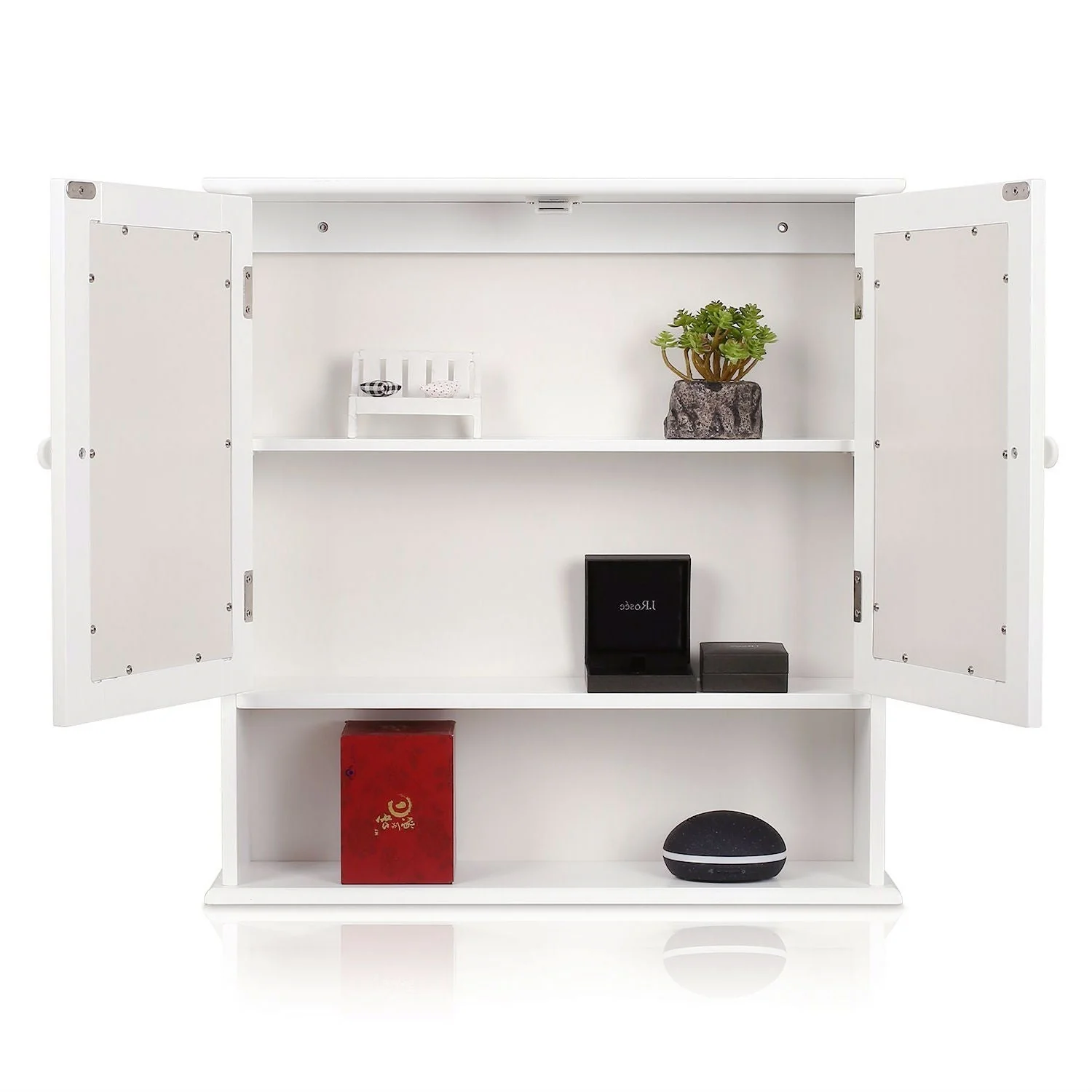 White 2-Door Mirrored Medicine Cabinet with Open Shelf - Image 3