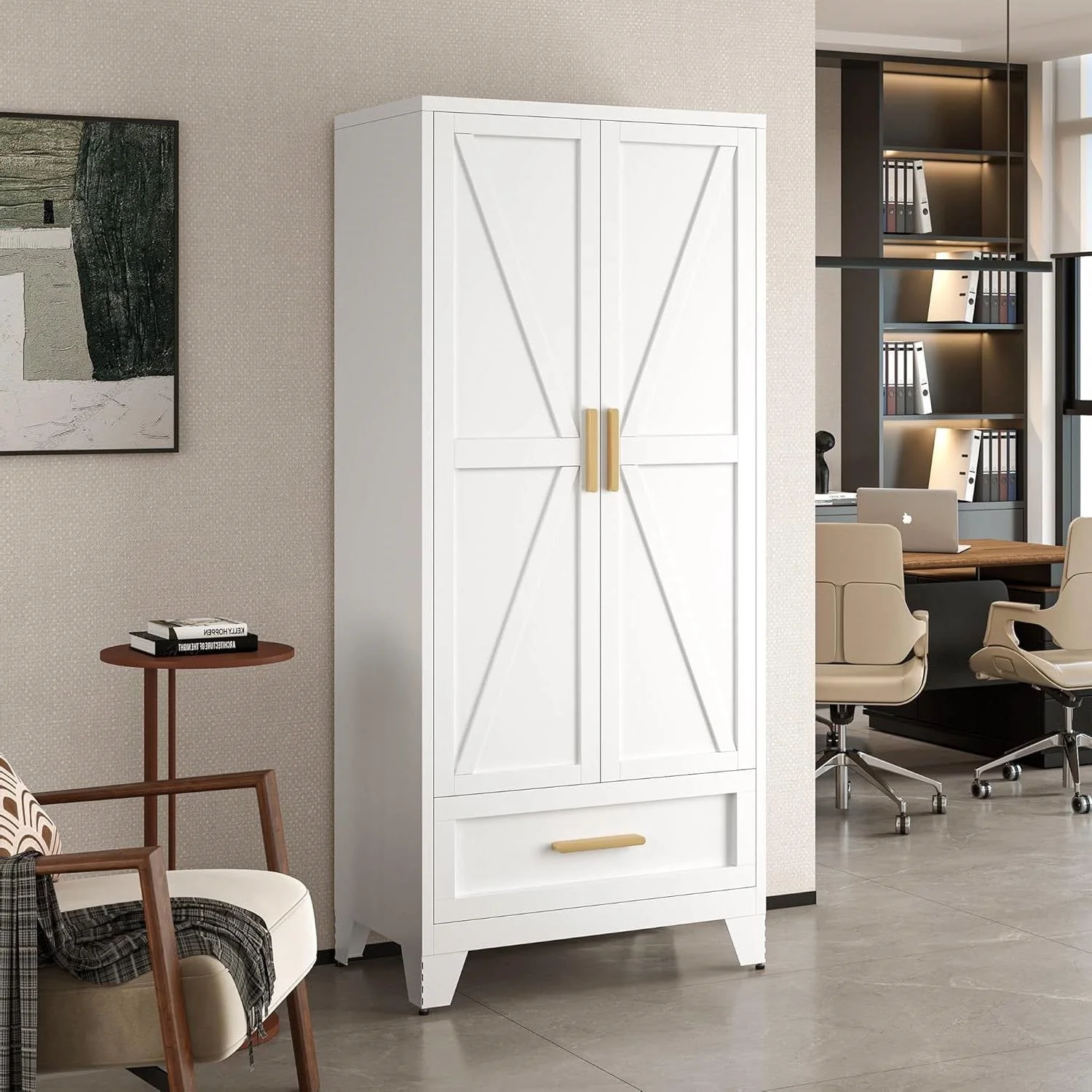 White 2-Door Wardrobe Armoire Cabinet with Storage Drawer and Hanging Rod - Image 2