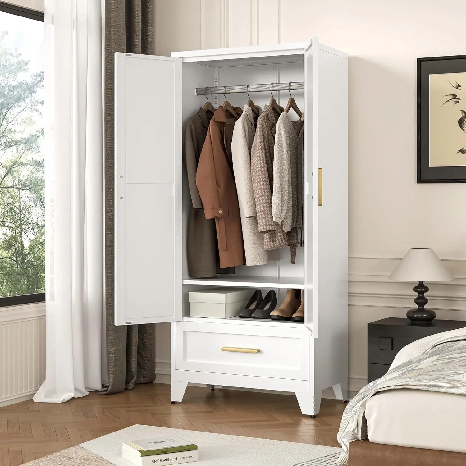 White 2-Door Wardrobe Armoire Cabinet with Storage Drawer and Hanging Rod - Image 3