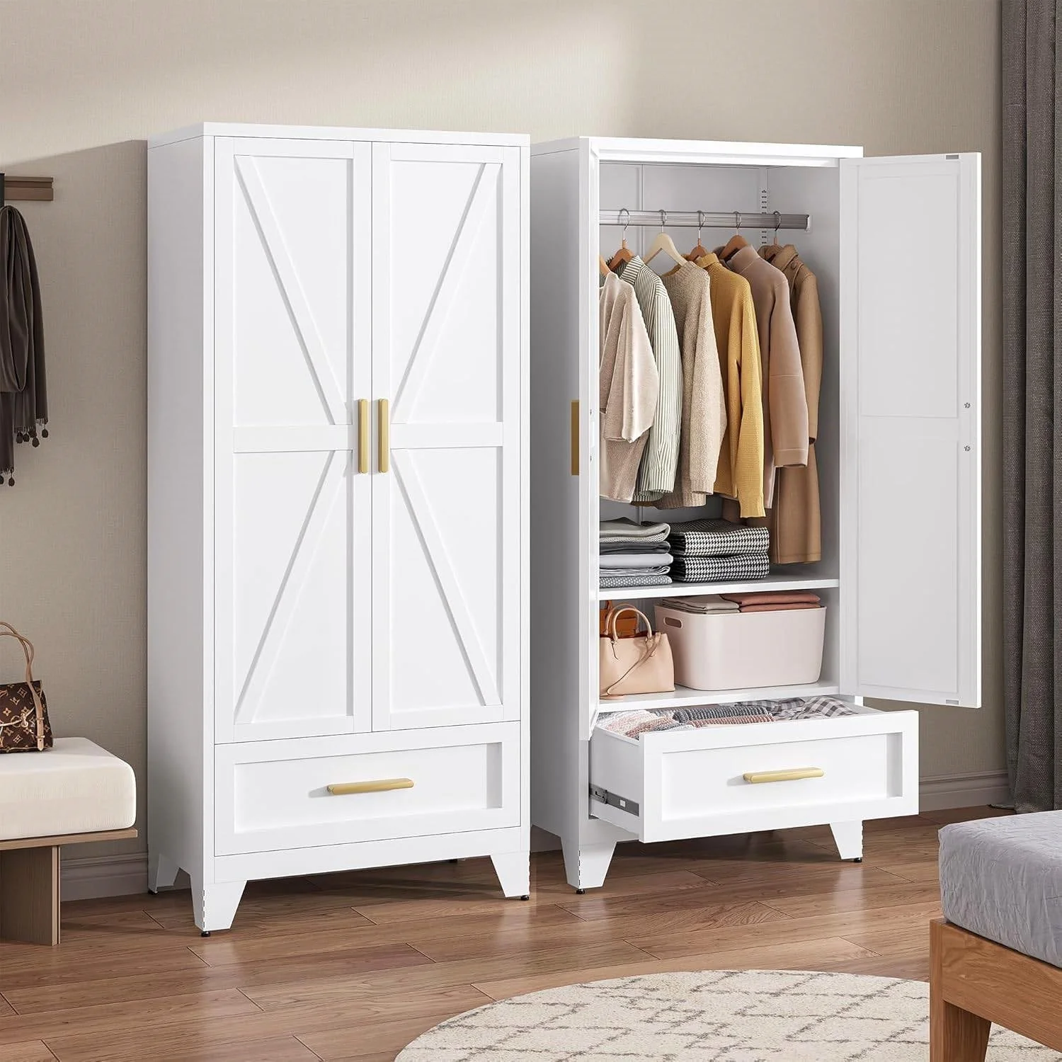 White 2-Door Wardrobe Armoire Cabinet with Storage Drawer and Hanging Rod - Image 4