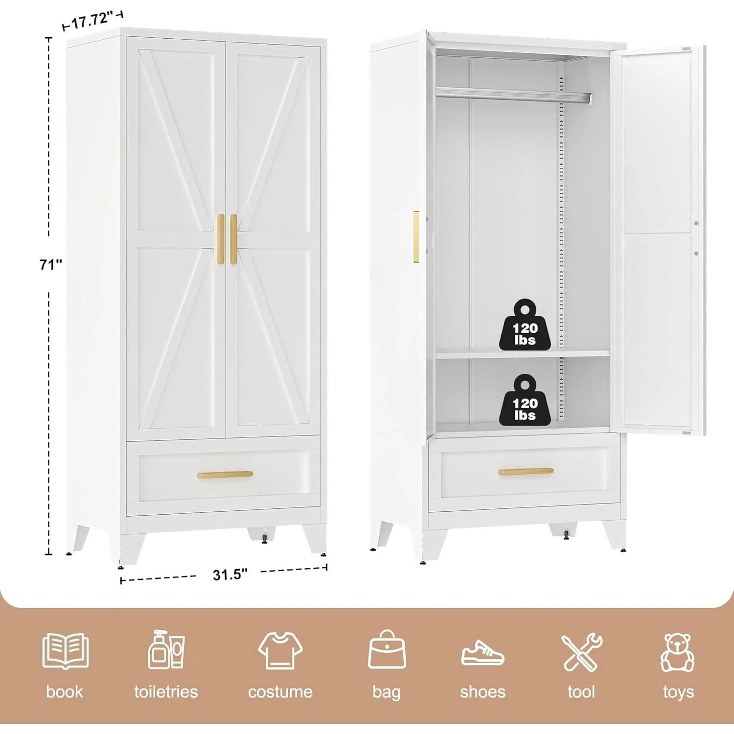 White 2-Door Wardrobe Armoire Cabinet with Storage Drawer and Hanging Rod - Image 5