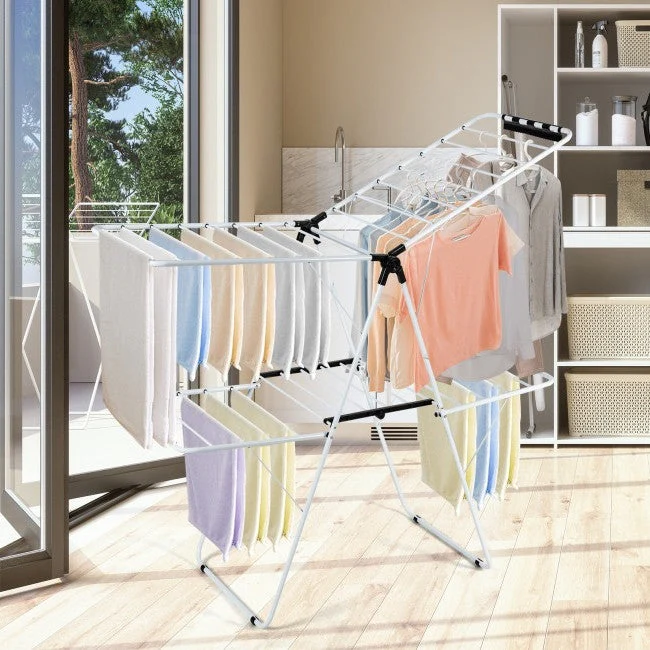 White 2 Level Foldable Clothes Drying Rack Adjustable Height - Image 2