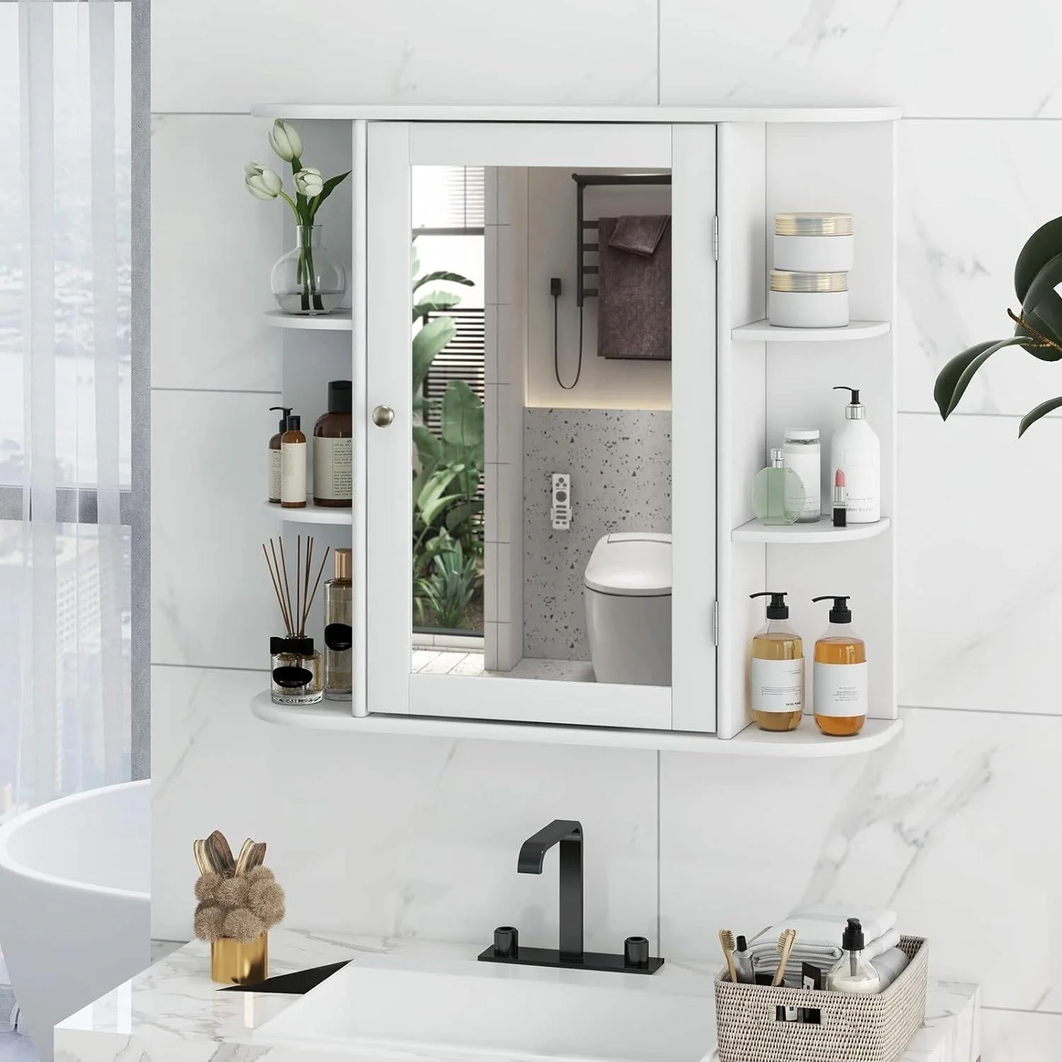 White 26 x 25 inch Bathroom Wall Mirror Medicine Cabinet with Shelves - Image 2