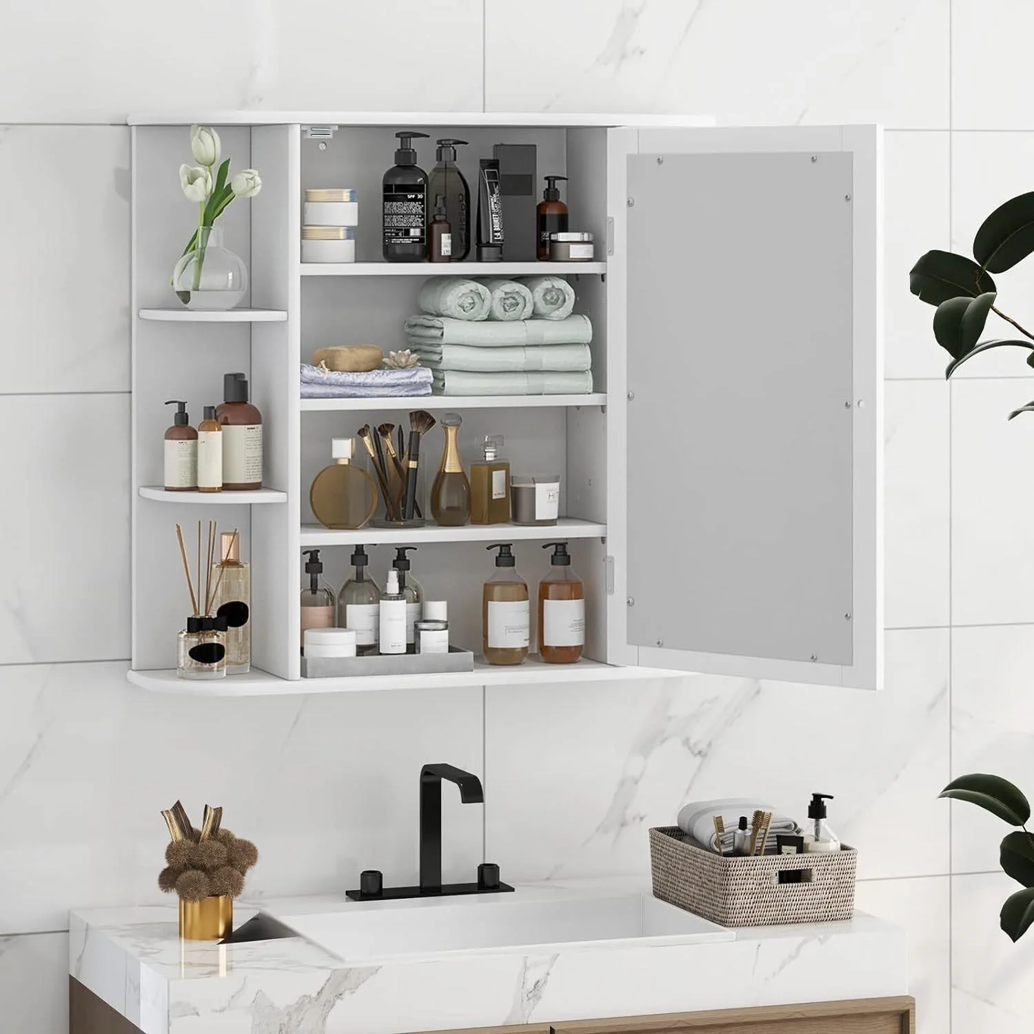 White 26 x 25 inch Bathroom Wall Mirror Medicine Cabinet with Shelves - Image 3
