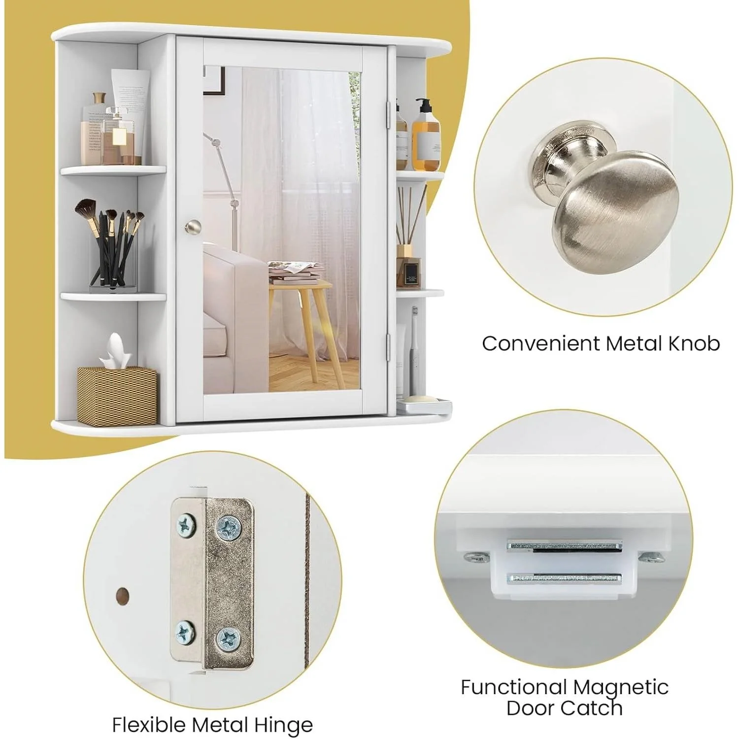 White 26 x 25 inch Bathroom Wall Mirror Medicine Cabinet with Shelves - Image 4