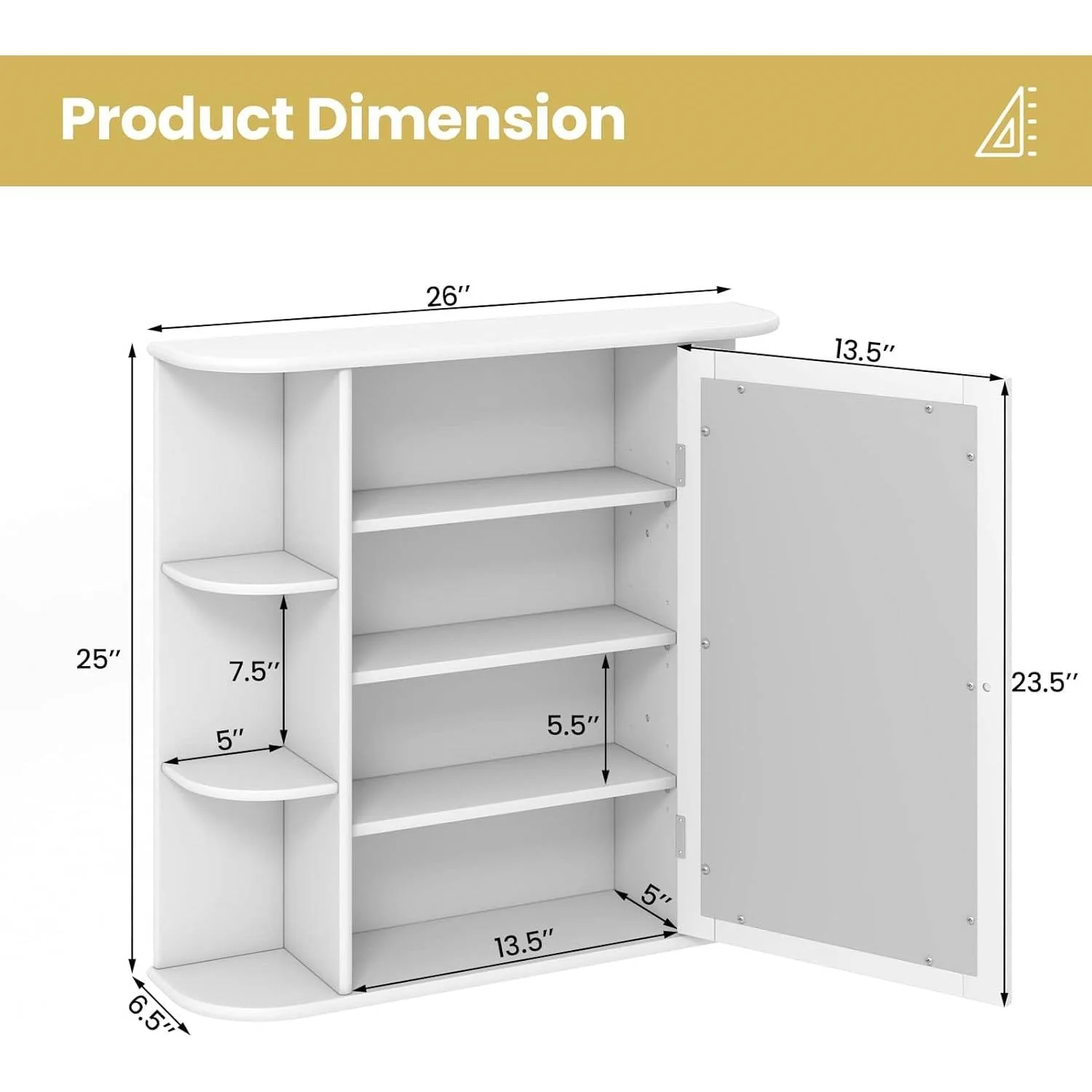 White 26 x 25 inch Bathroom Wall Mirror Medicine Cabinet with Shelves - Image 5