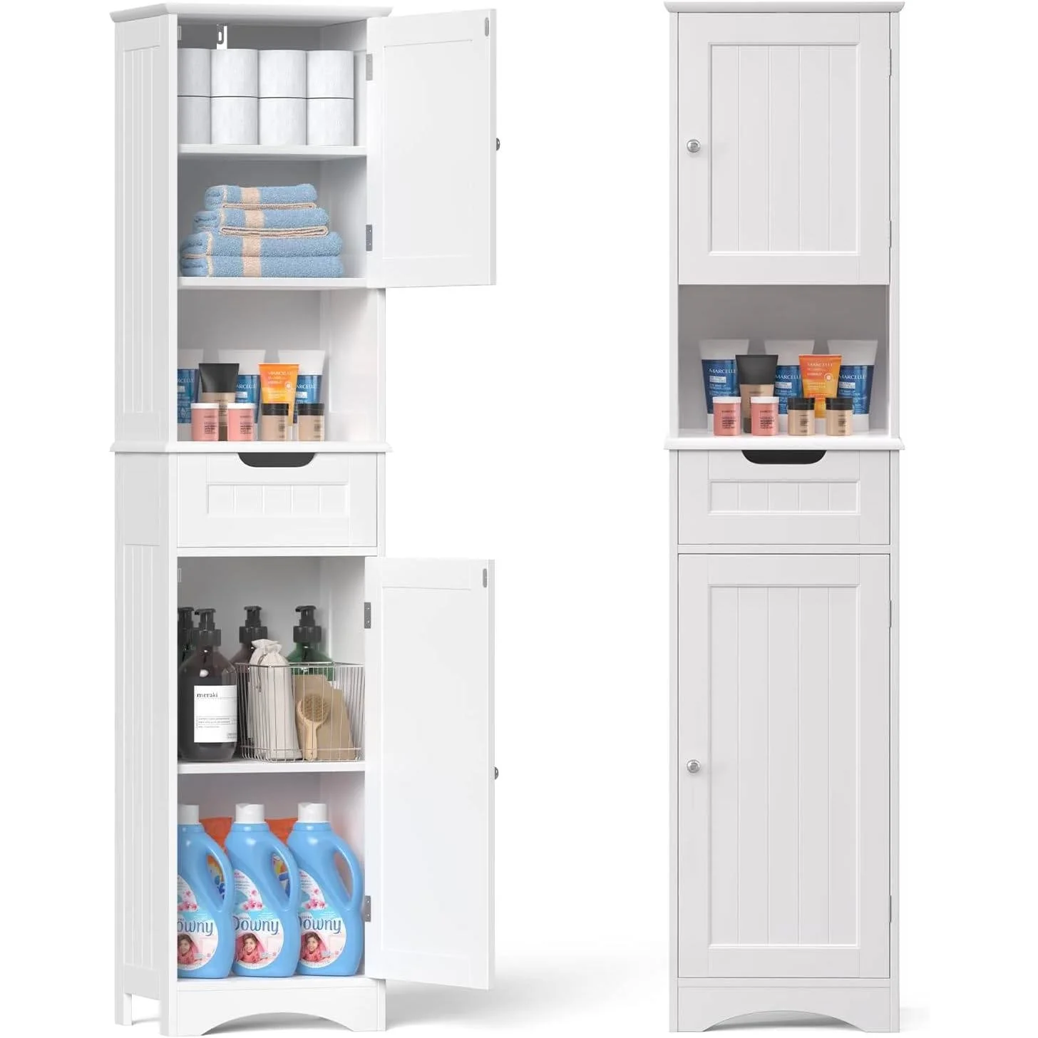 White Bathroom Linen Cabinet Tower with 2 Doors Storage Drawer and Shelf - Image 2