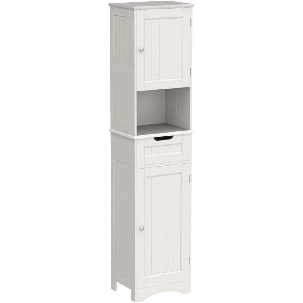 White Bathroom Linen Cabinet Tower with 2 Doors Storage Drawer and Shelf - Image 3