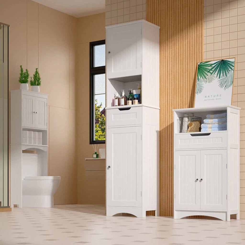 White Bathroom Linen Cabinet Tower with 2 Doors Storage Drawer and Shelf - Image 4