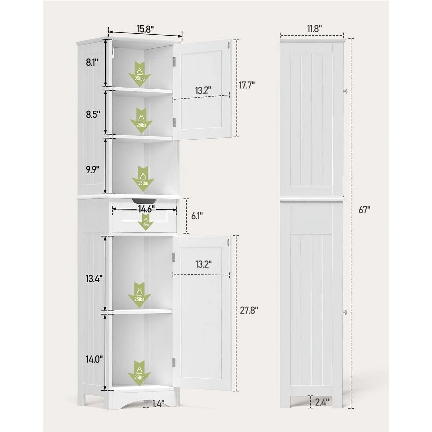 White Bathroom Linen Cabinet Tower with 2 Doors Storage Drawer and Shelf - Image 5
