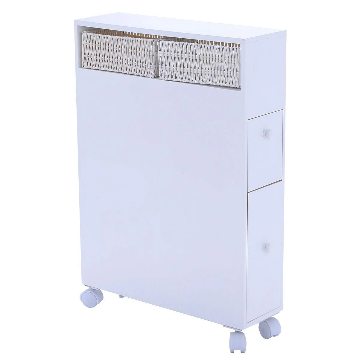 White Bathroom Storage Floor Cabinet with Baskets and Casters - Image 3