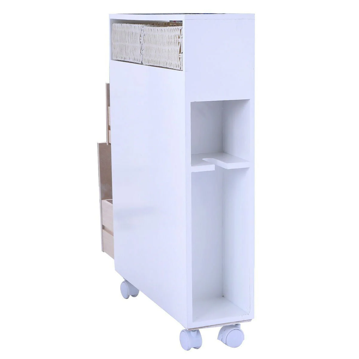 White Bathroom Storage Floor Cabinet with Baskets and Casters - Image 4