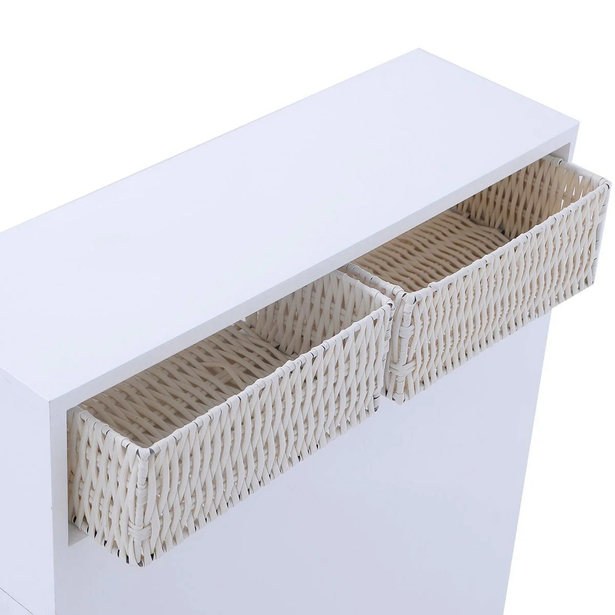 White Bathroom Storage Floor Cabinet with Baskets and Casters - Image 5