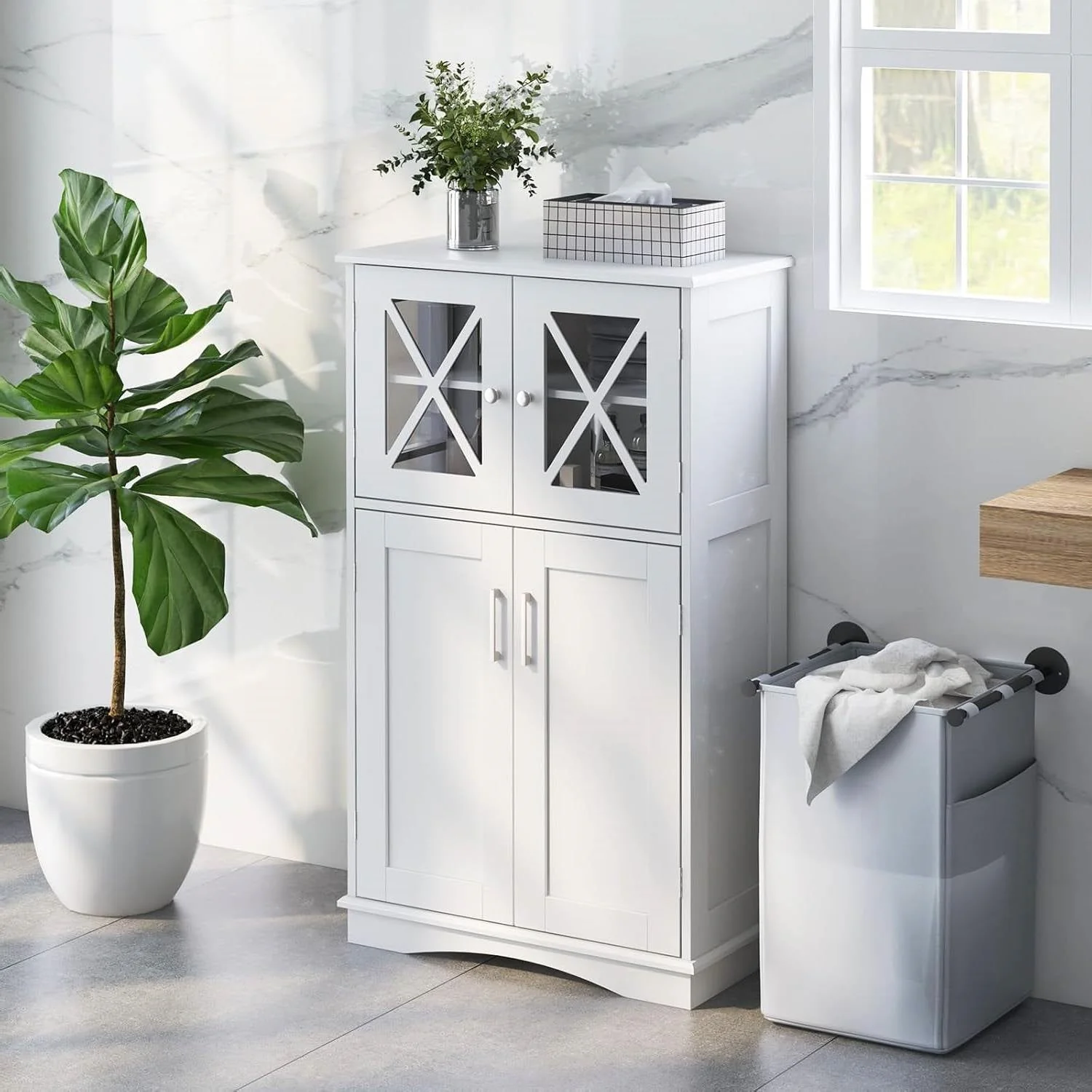 White Bathroom Towel Linen Cabinet with Glass Doors and Storage Shelves - Image 2