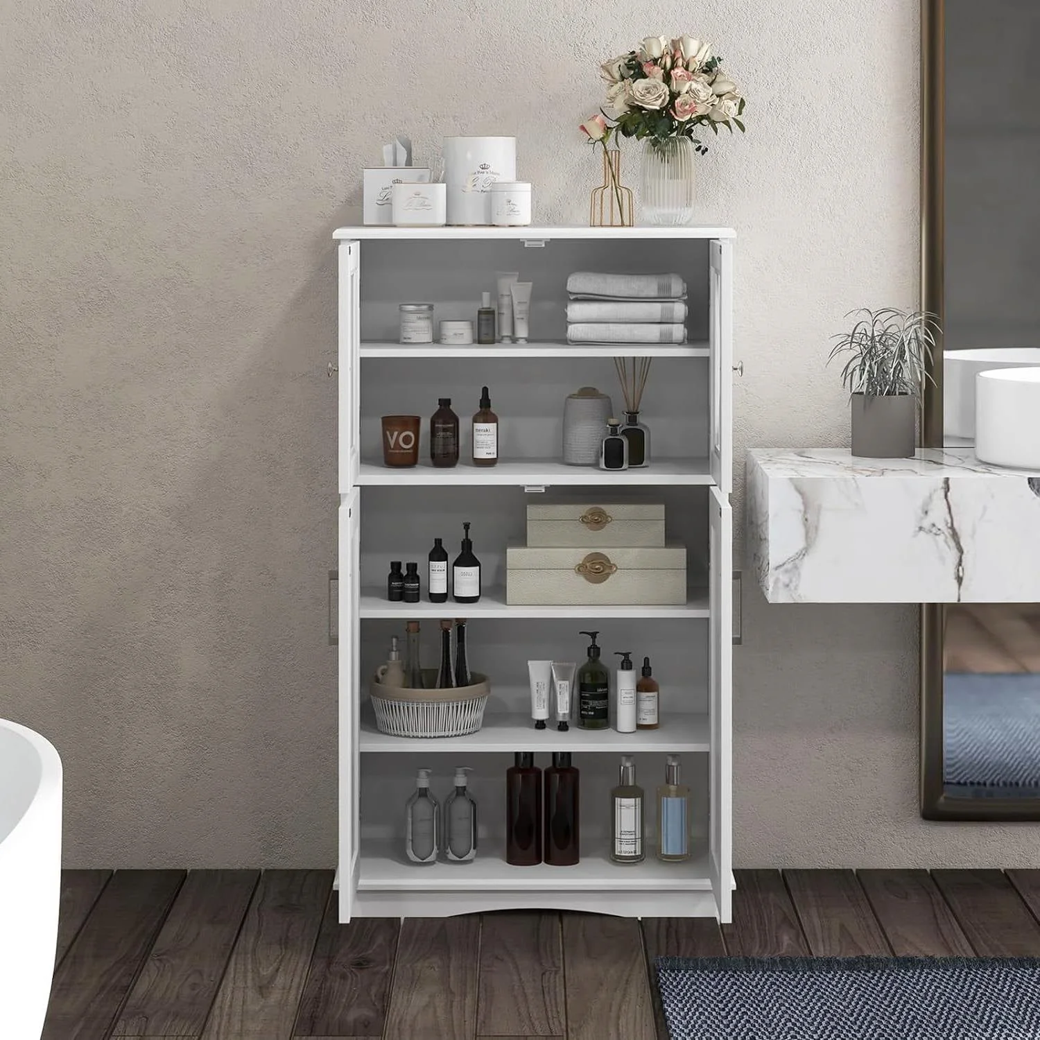 White Bathroom Towel Linen Cabinet with Glass Doors and Storage Shelves - Image 3