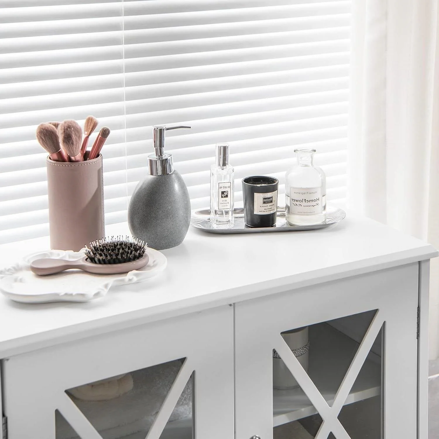 White Bathroom Towel Linen Cabinet with Glass Doors and Storage Shelves - Image 4
