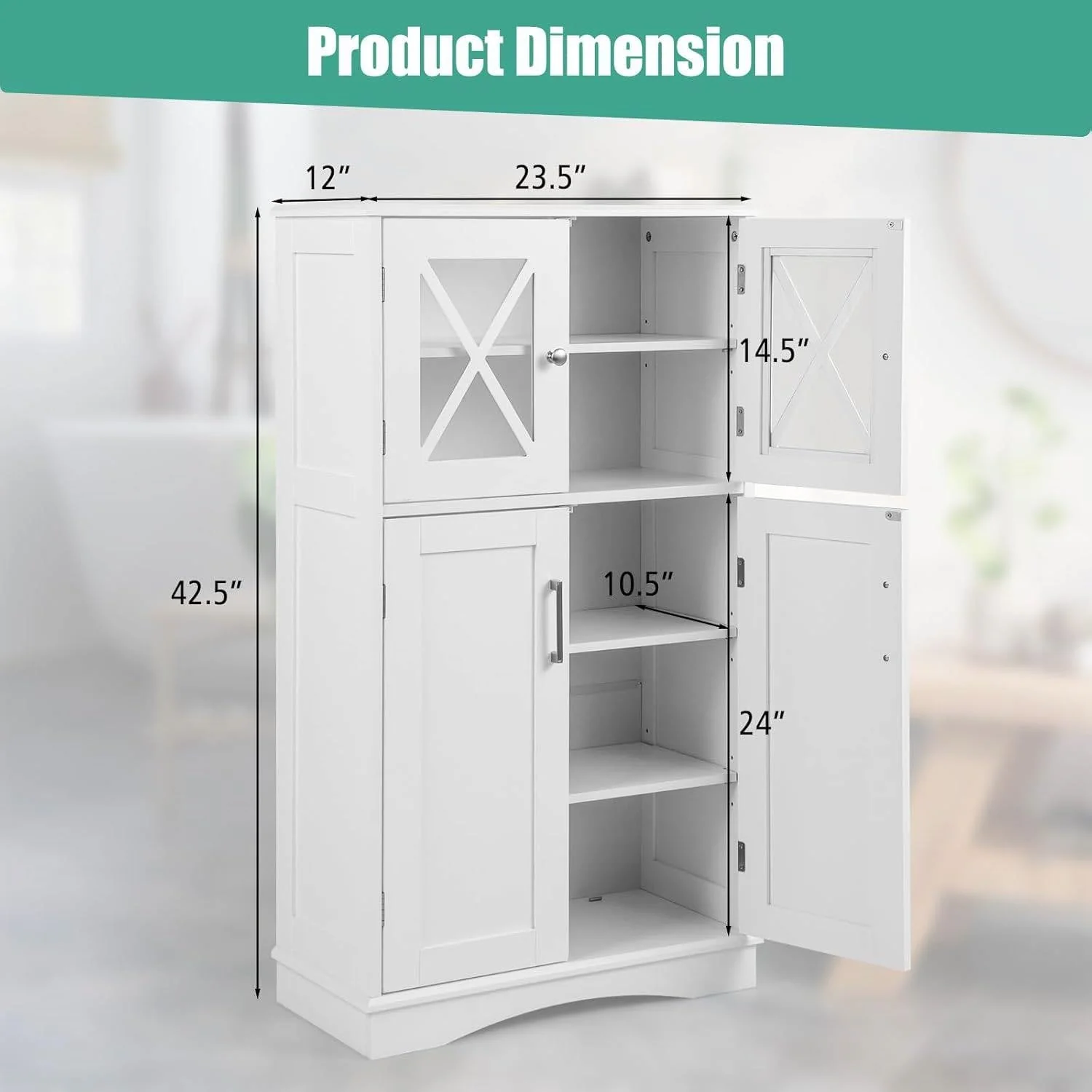 White Bathroom Towel Linen Cabinet with Glass Doors and Storage Shelves - Image 5