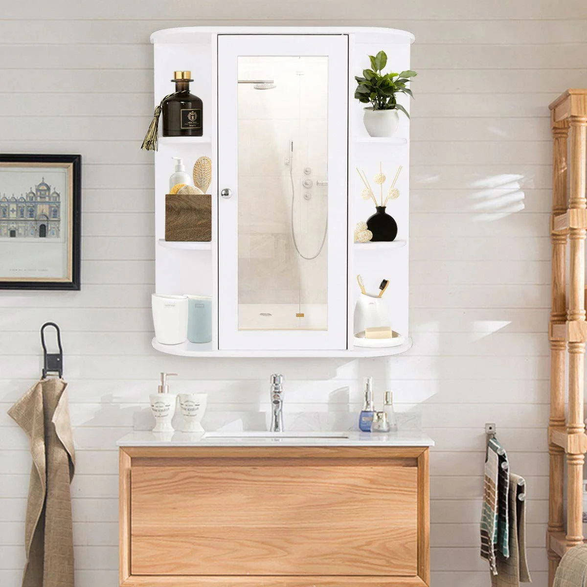 White Bathroom Wall Mounted Medicine Cabinet with Storage Shelves - Image 2