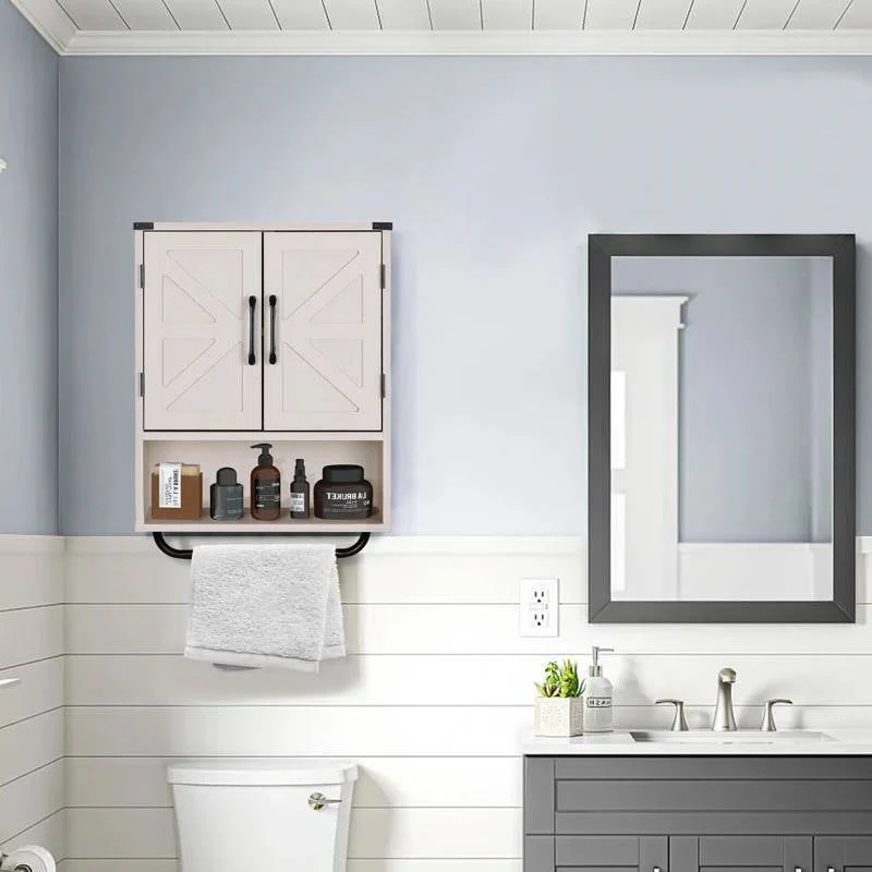 White Farmhouse Bathroom Wall Cabinet with Storage Shelf and Towel Bar - Image 2