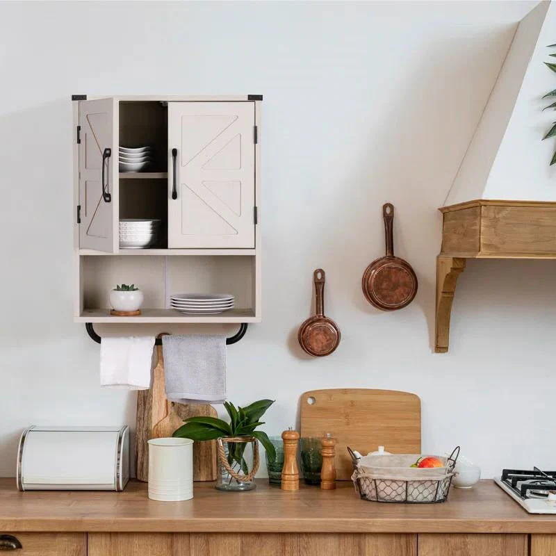 White Farmhouse Bathroom Wall Cabinet with Storage Shelf and Towel Bar - Image 3