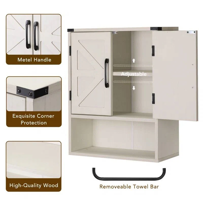 White Farmhouse Bathroom Wall Cabinet with Storage Shelf and Towel Bar - Image 4