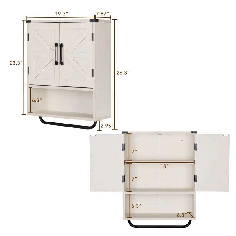 White Farmhouse Bathroom Wall Cabinet with Storage Shelf and Towel Bar - Image 5