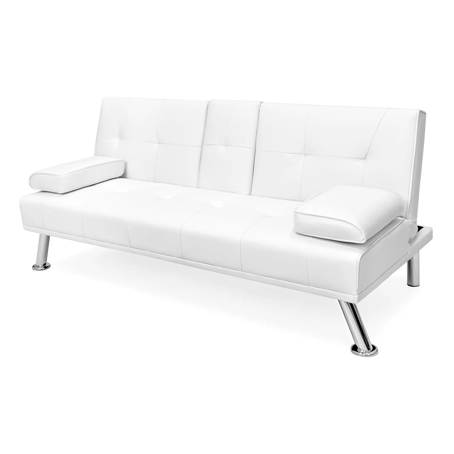 White Faux Leather Convertible Sofa Futon with 2 Cup Holders - Image 3