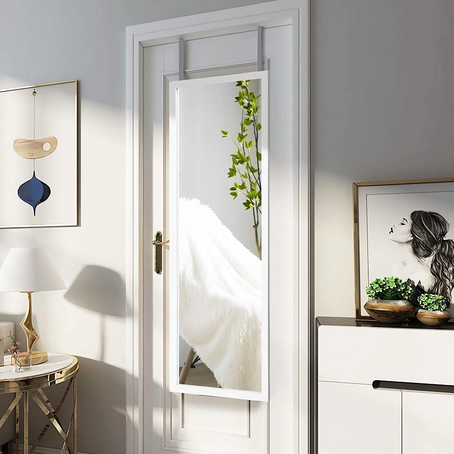 White Full Length Bedroom Mirror with Over the Door or Wall Mounted Design - Image 2