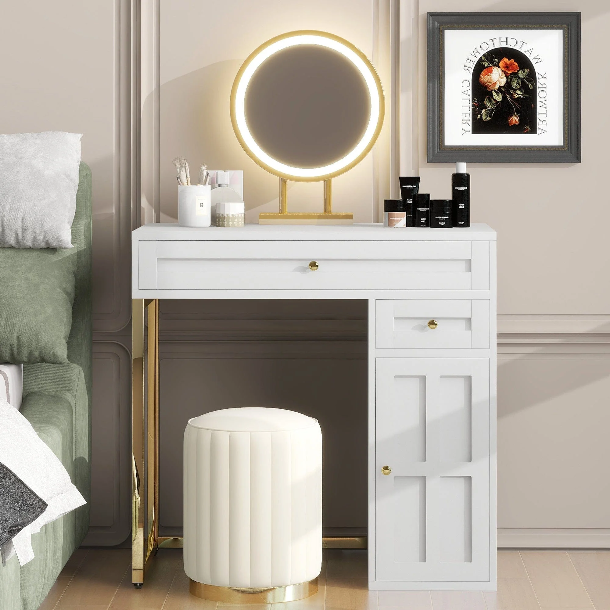 White & Gold Vanity Desk with LED Mirror – 2 Drawers, Cabinet & Touch Control Lighting - Image 2
