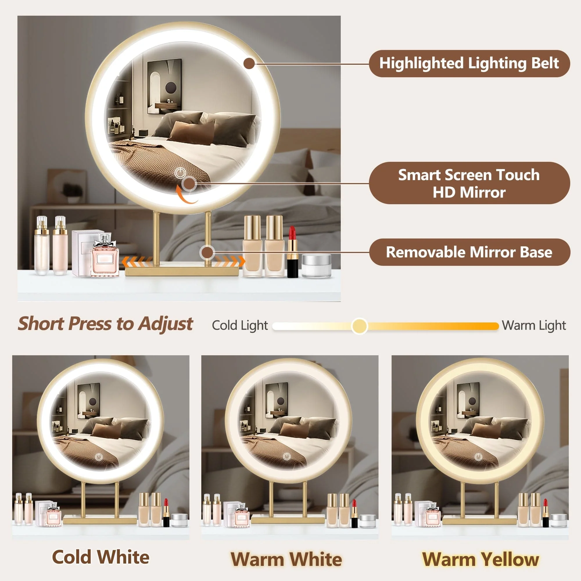 White & Gold Vanity Desk with LED Mirror – 2 Drawers, Cabinet & Touch Control Lighting - Image 3