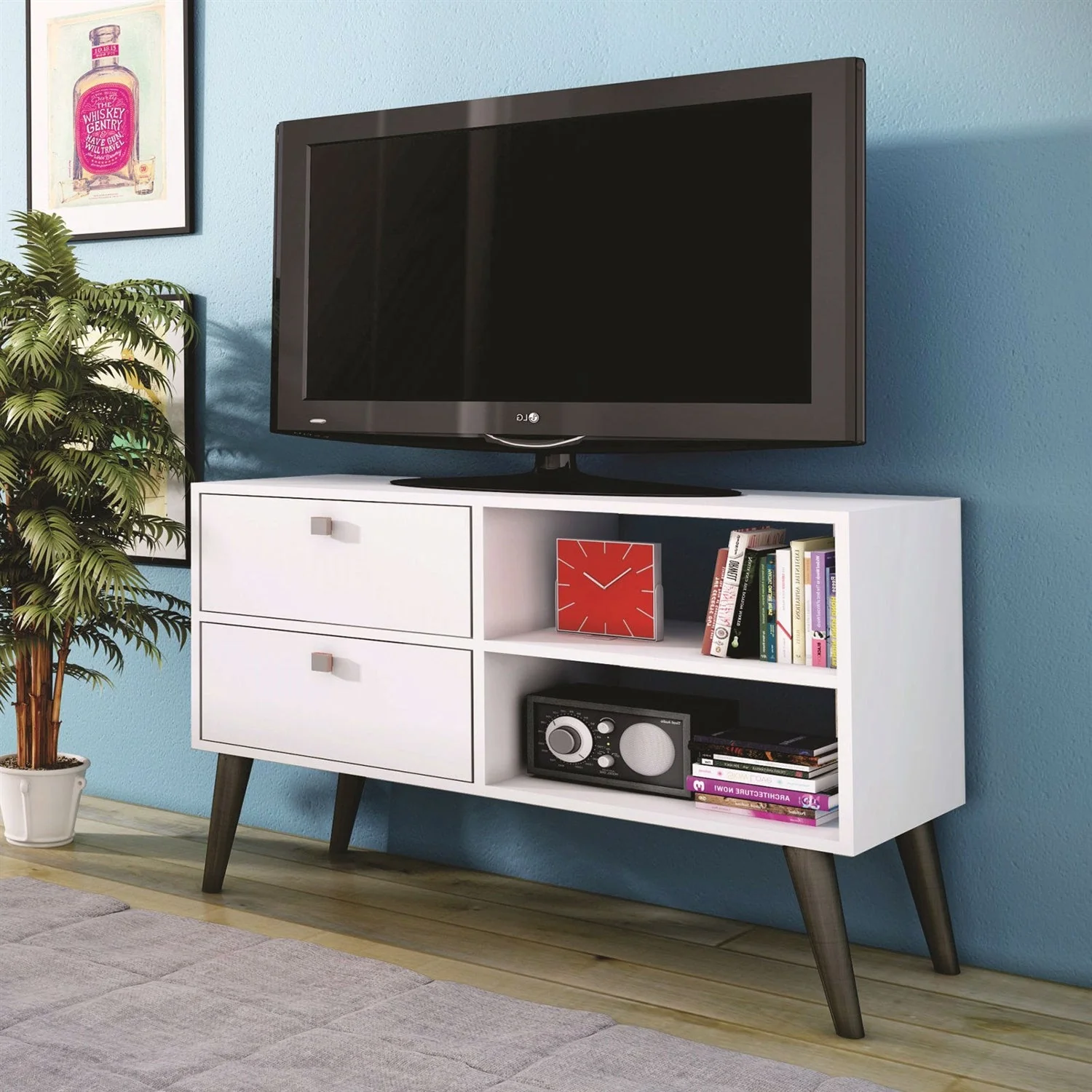 White Grey Wood Modern Classic Mid-Century Style TV Stand Entertainment Center - Image 2