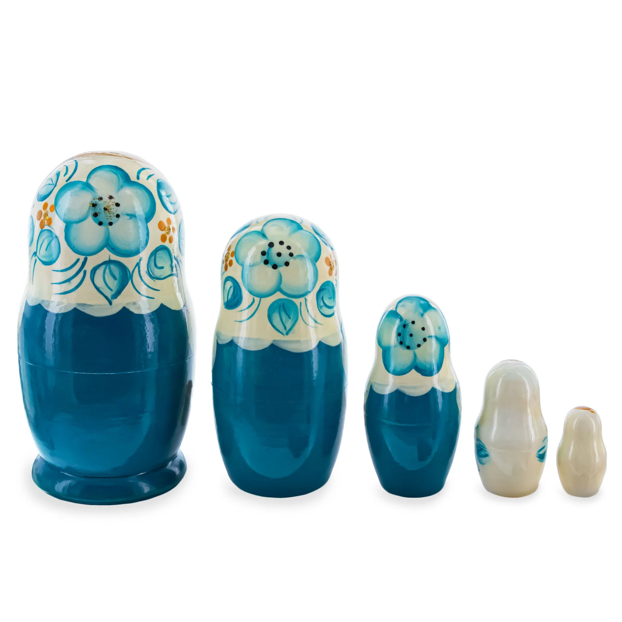 White Hood with Blue Flowers Wooden Nesting Dolls - Image 2