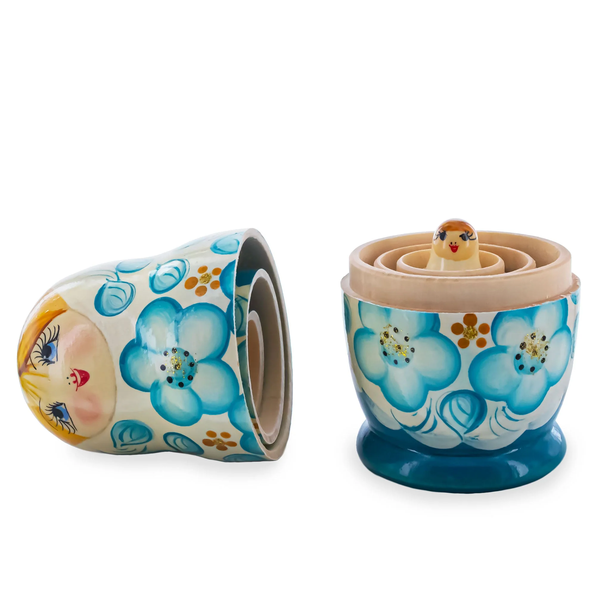 White Hood with Blue Flowers Wooden Nesting Dolls - Image 3