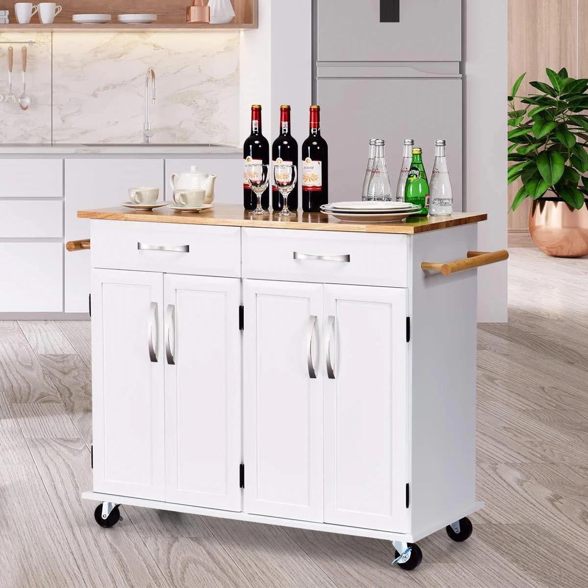 White Kitchen Cart Island with Wood Top 2 Drawers and Bottom Storage Cabinet - Image 2