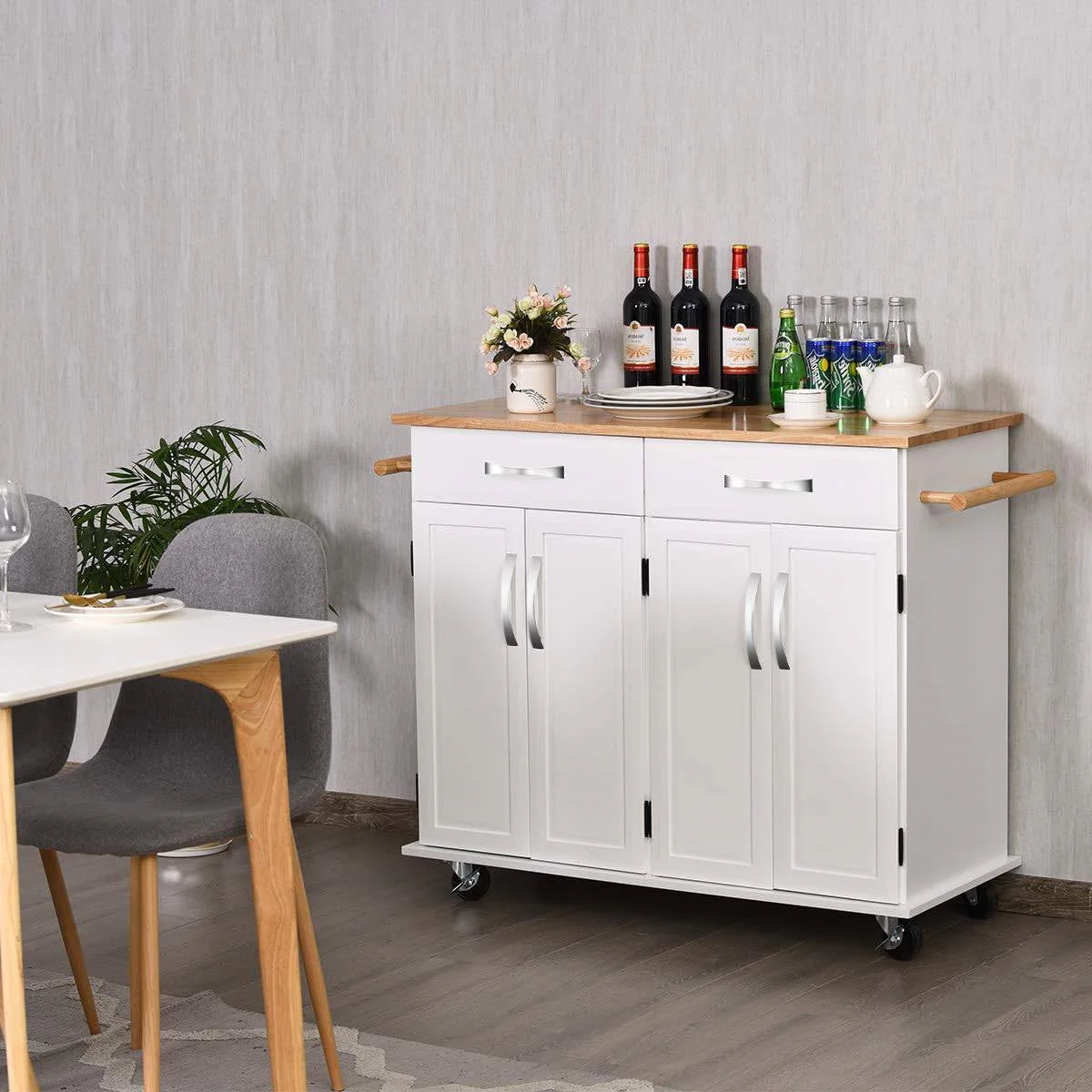 White Kitchen Cart Island with Wood Top 2 Drawers and Bottom Storage Cabinet - Image 3