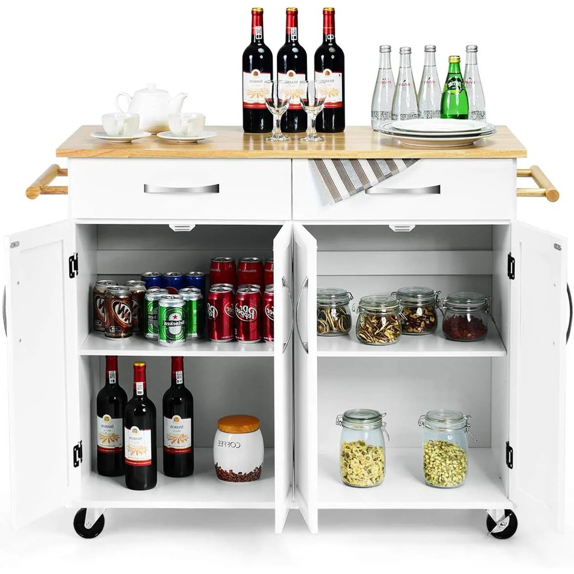 White Kitchen Cart Island with Wood Top 2 Drawers and Bottom Storage Cabinet - Image 4