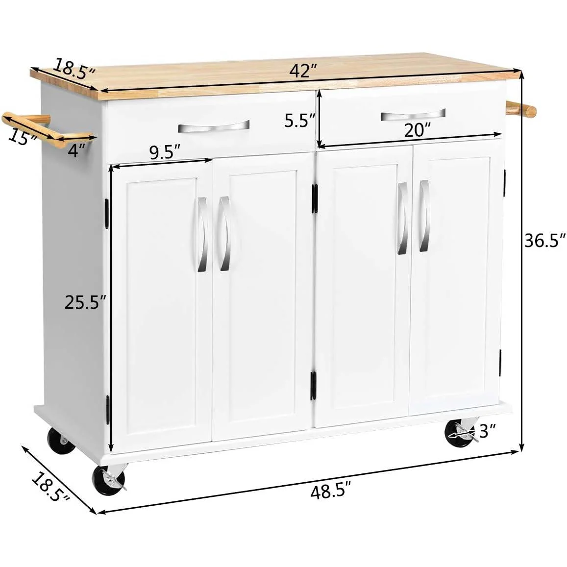 White Kitchen Cart Island with Wood Top 2 Drawers and Bottom Storage Cabinet - Image 5