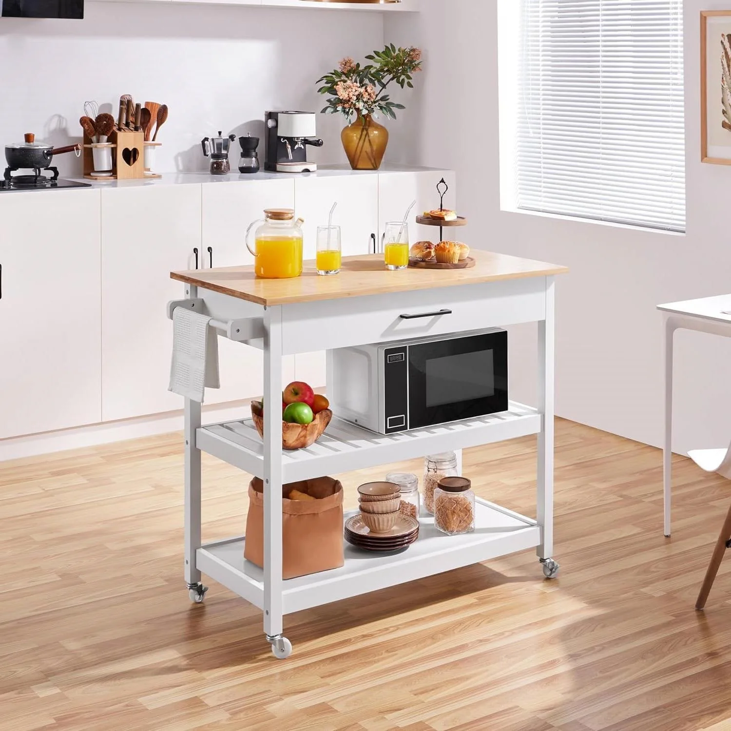 White Kitchen Island Cart with Drawer Storage Shelves and Locking Casters - Image 2