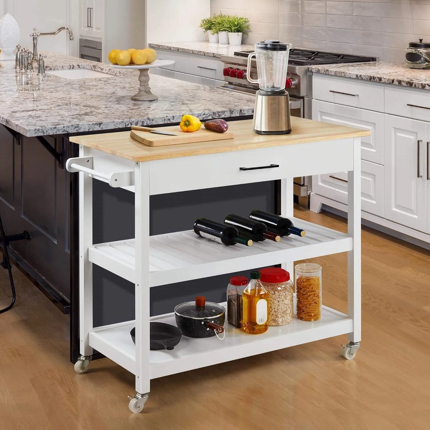 White Kitchen Island Cart with Drawer Storage Shelves and Locking Casters - Image 3