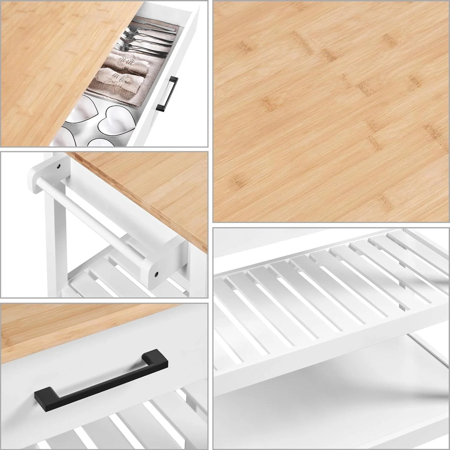 White Kitchen Island Cart with Drawer Storage Shelves and Locking Casters - Image 4