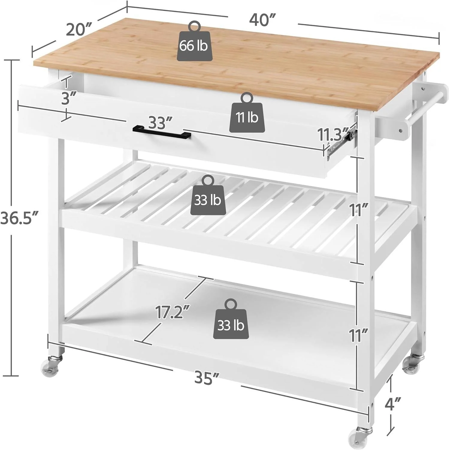 White Kitchen Island Cart with Drawer Storage Shelves and Locking Casters - Image 5