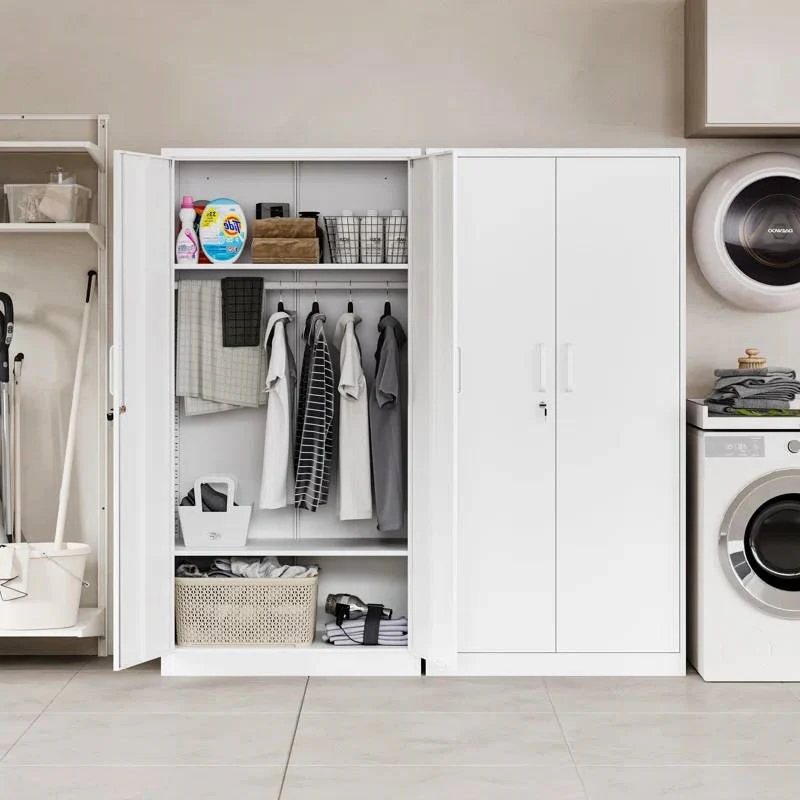 White Metal Locking Wardrobe Armoire Cabinet with Clothing Hanging Rod - Image 2