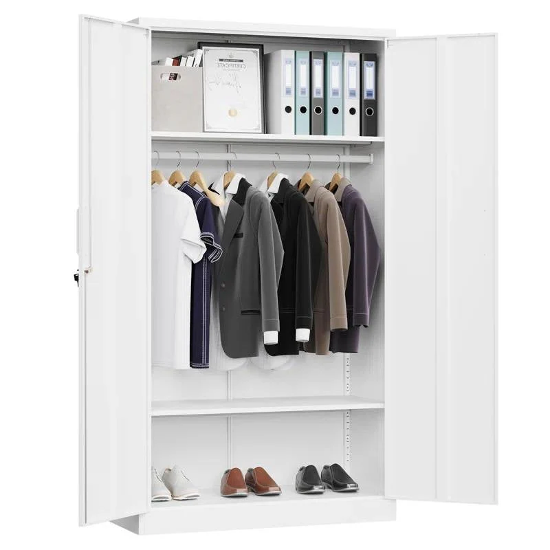 White Metal Locking Wardrobe Armoire Cabinet with Clothing Hanging Rod - Image 3