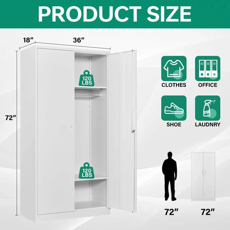 White Metal Locking Wardrobe Armoire Cabinet with Clothing Hanging Rod - Image 5