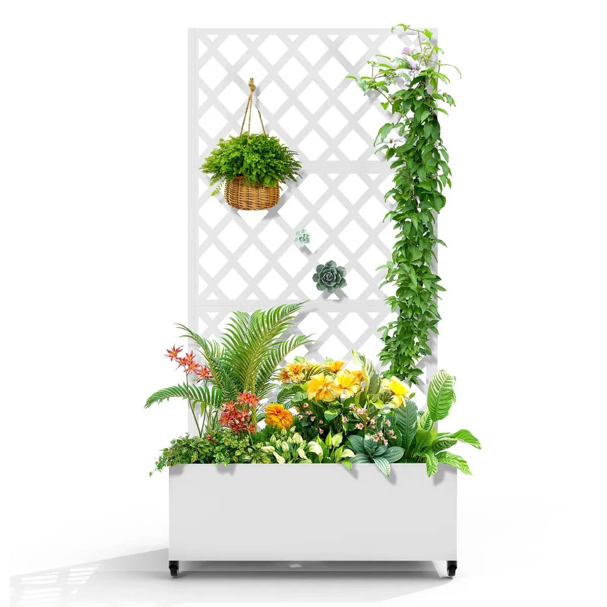 White Metal Outdoor Raised Garden Bed Planter Box with Trellis on Wheels - Image 2